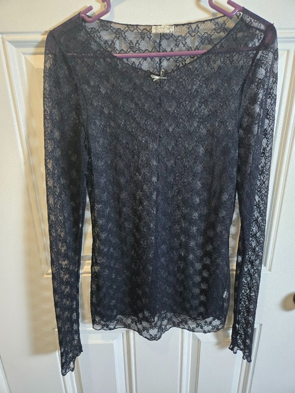 Free People Intimately Black Lace Sheer Long Sleeve Mesh Top M Boho Festival